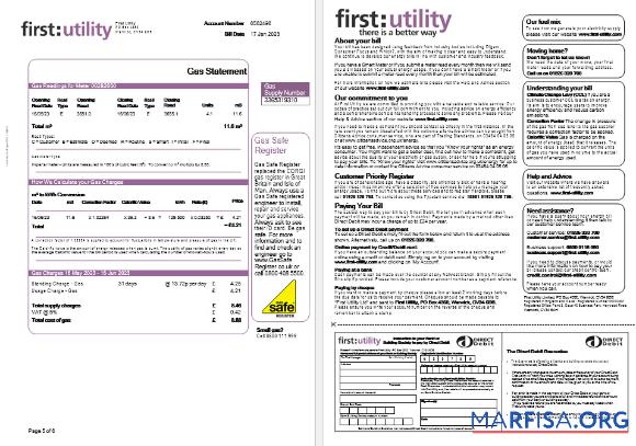 Downloadable United Kingdom First gas and electricity utility bill in Word and PDF formats, 6 pages.. real example